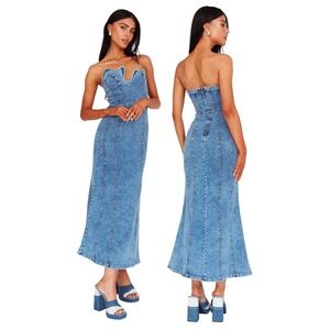 NEW Here Comes The Sun Horizon Strapless Wavy Neckline Midi Denim Small Blue NWT